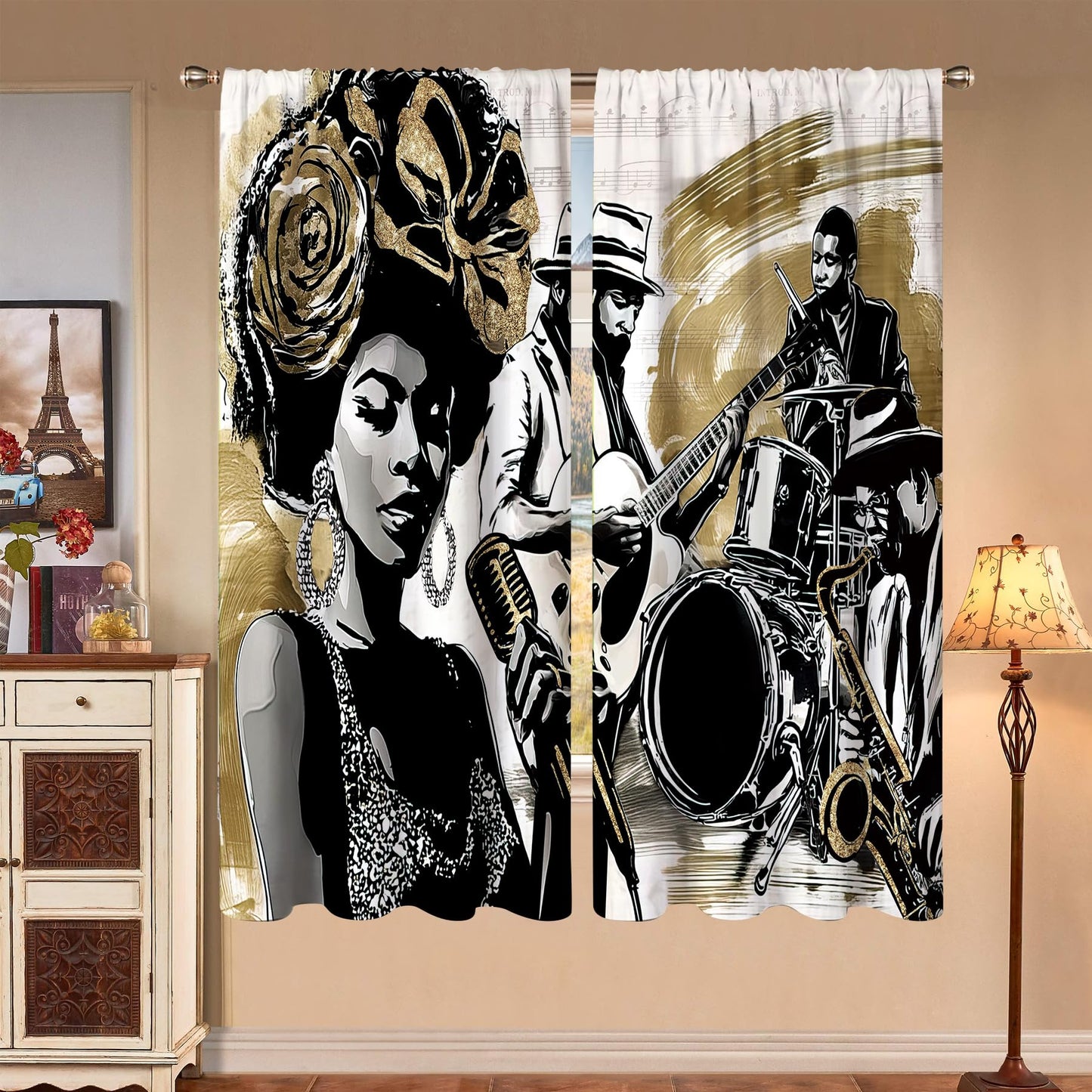 Glioown African American Window Curtains, Jazz Music Light-Filtering Drapes for Living Room Bedroom, Hippie Band Rod Pocket Window Treatments (2 Panels, 42 x 63 in)
