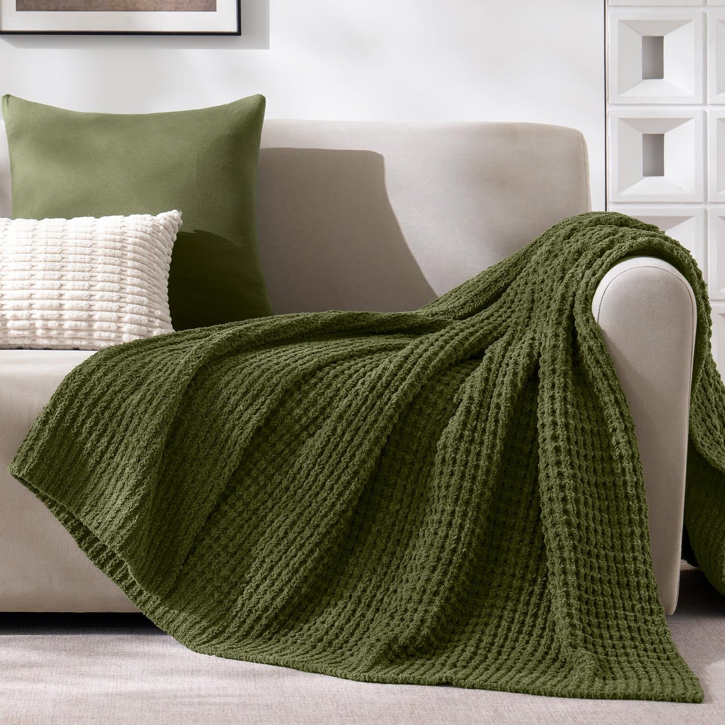 PHF Chenille Waffle Knit Throw Blanket- Plush Warm & Cozy 50" x 60" Ultra Soft Blanket- Chunky Fluffy Waffle Throws for Couch Bed Sofa - Olive Green