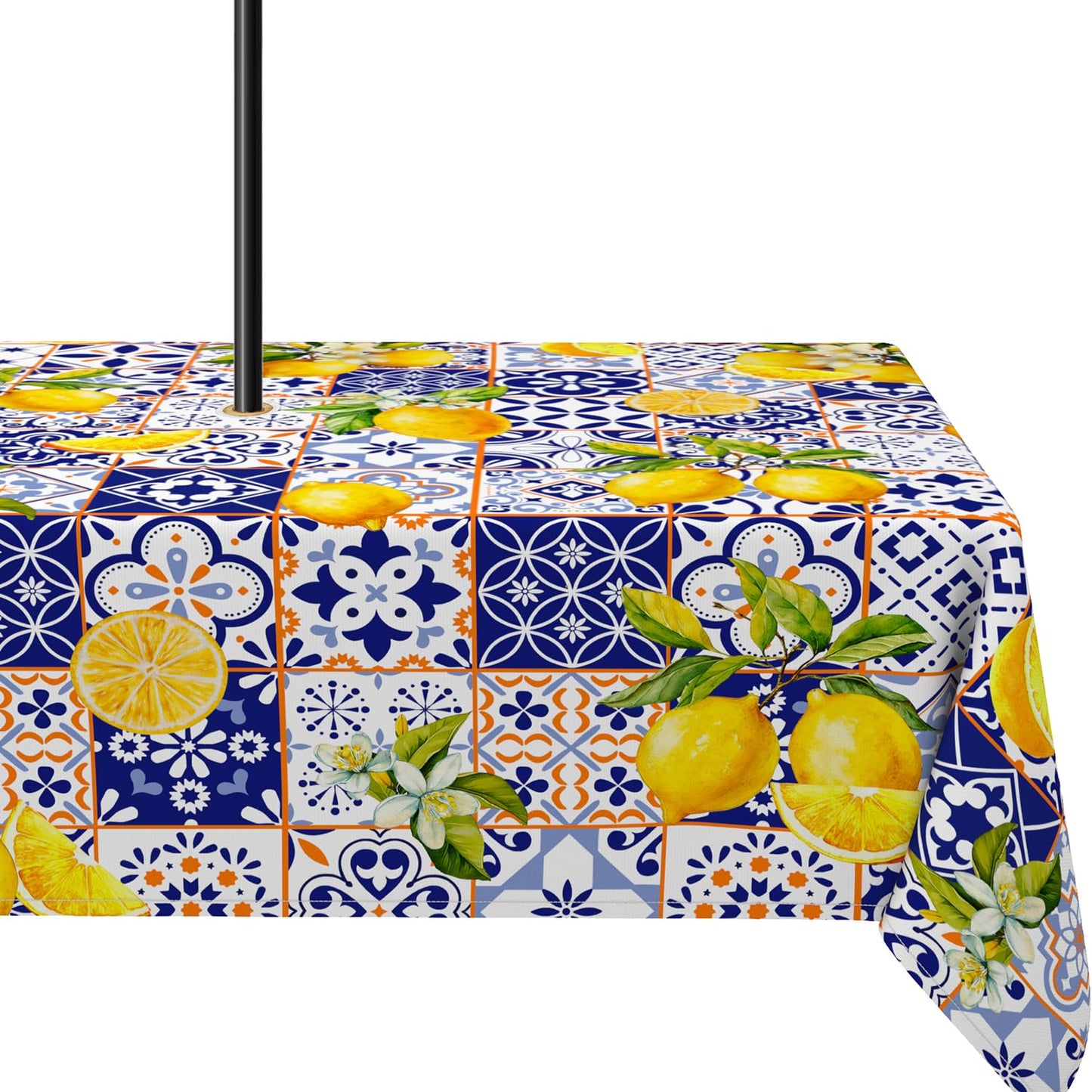 Outdoor Tablecloth With Umbrella Hole 60x84inch,french Lemon Blossom Spring Summer Zipper Tablecloth, Waterproof Wrinkle-Resistant Washable Rectangular Tablecloth for Picnics, Party, Camping and BBQ