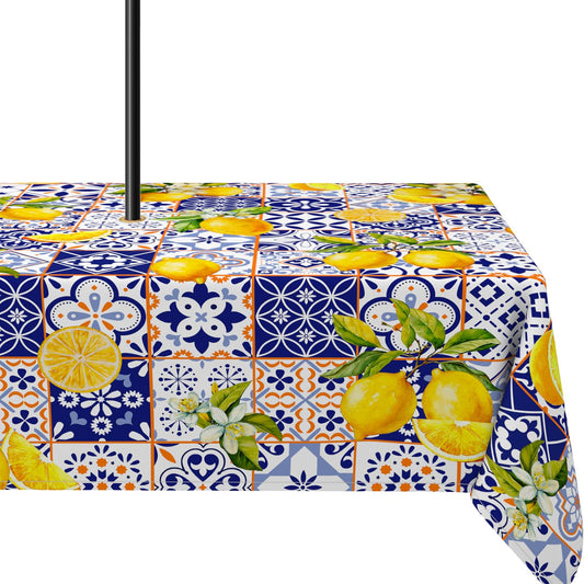 Outdoor Tablecloth With Umbrella Hole 60x84inch,french Lemon Blossom Spring Summer Zipper Tablecloth, Waterproof Wrinkle-Resistant Washable Rectangular Tablecloth for Picnics, Party, Camping and BBQ