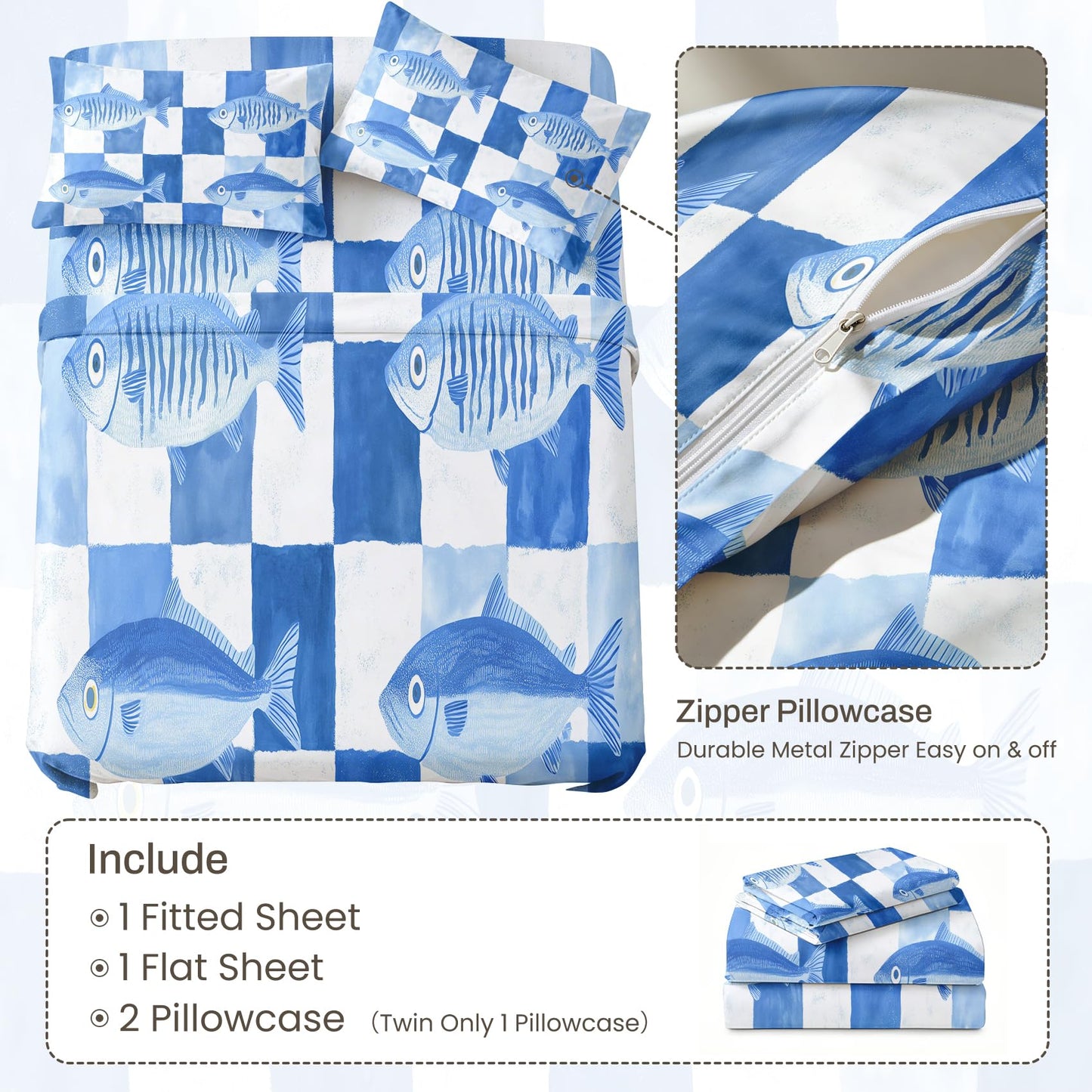 Fish Bedding Set 4 Pcs Kids Coastal Queen Sheets