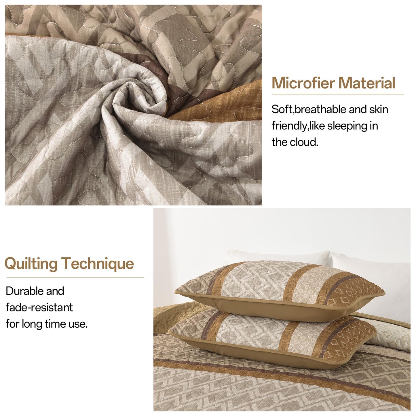 Dinjoy Boho Queen Quilt Set, Striped Bedspread Queen Size, Light Brown Bedding Sets 3 Pieces Micofiber Lightweight Quilts with 2 Pillow Shams Coverlet Bed Sets for Women Men 96''x90''