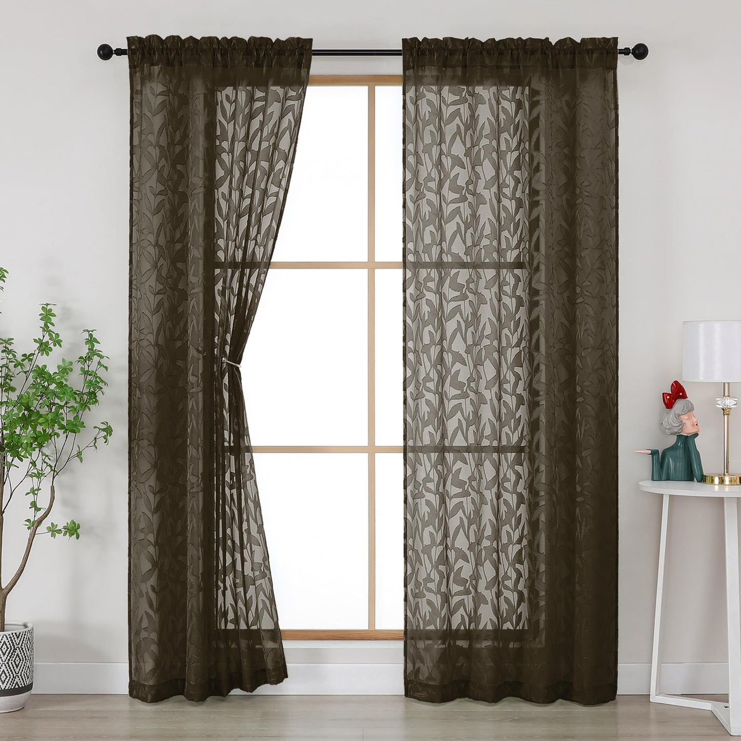 Gwine Chocolate Brown Curtains 84 Inches Long 2 Panels Set, Light Filtering Soft Lightweight Sheer Curtains, Leaf Clip Jacquard Textured Curtain for Bedroom Living Room, 42Wx84L Inches, 2PCS