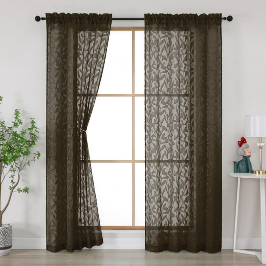 Gwine Chocolate Brown Curtains 84 Inches Long 2 Panels Set, Light Filtering Soft Lightweight Sheer Curtains, Leaf Clip Jacquard Textured Curtain for Bedroom Living Room, 42Wx84L Inches, 2PCS
