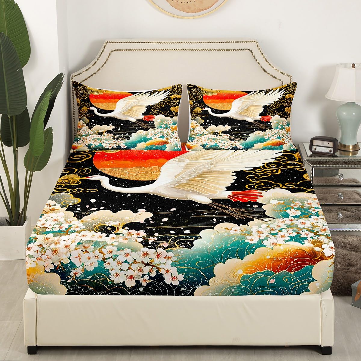 Feelyou Japanese Style Bed Sheets Set Japanese Ukiyoe Sheet Set for Kids Boys Girls Teens Sunset Room Decor Crane Sheets with Deep Pocket Fitted Sheet Queen Size Cherry Blossoms Bedding Set 4Pcs