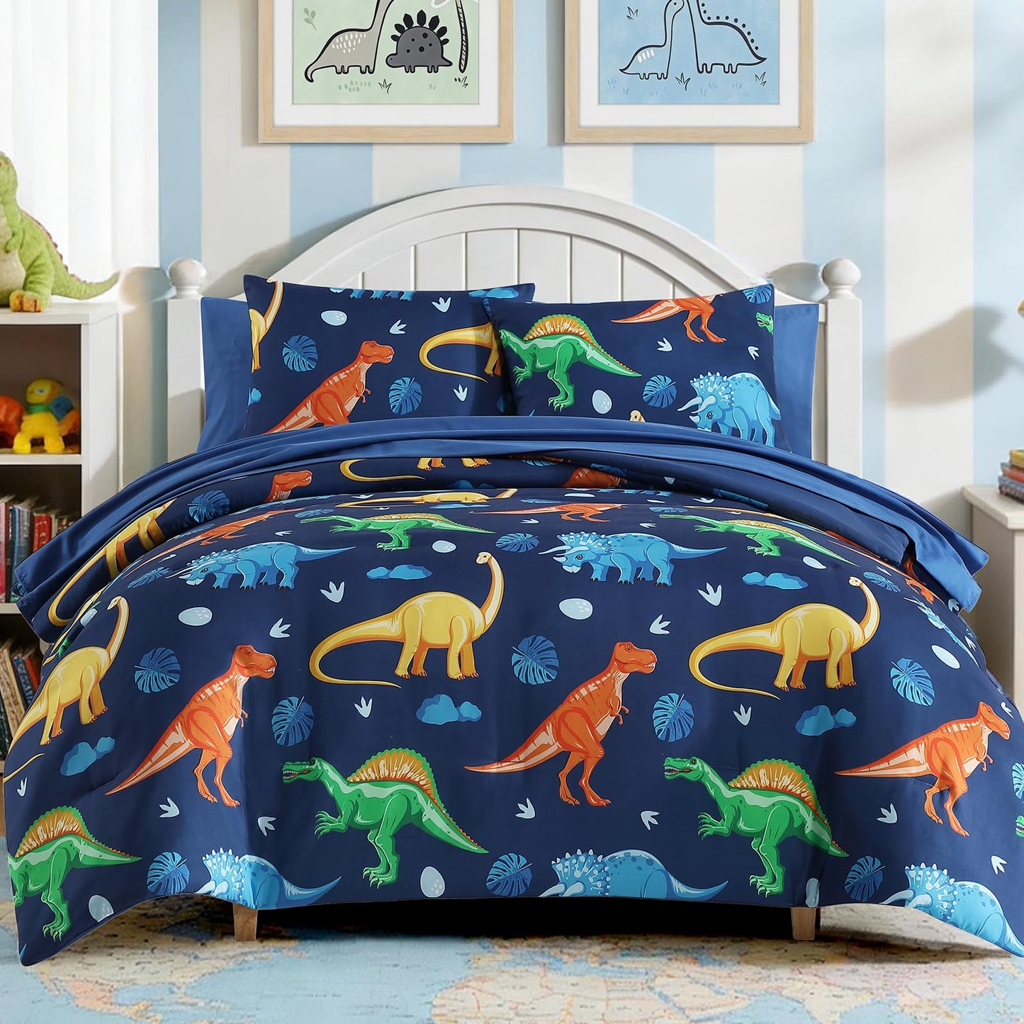Kaleido Space Twin Comforter Set for Boys Kids - 5 Pieces Navy Dinasour Patterns Twin Bedding Sets for Boys Teen, Soft Cozy Bed in A Bag with Sheets
