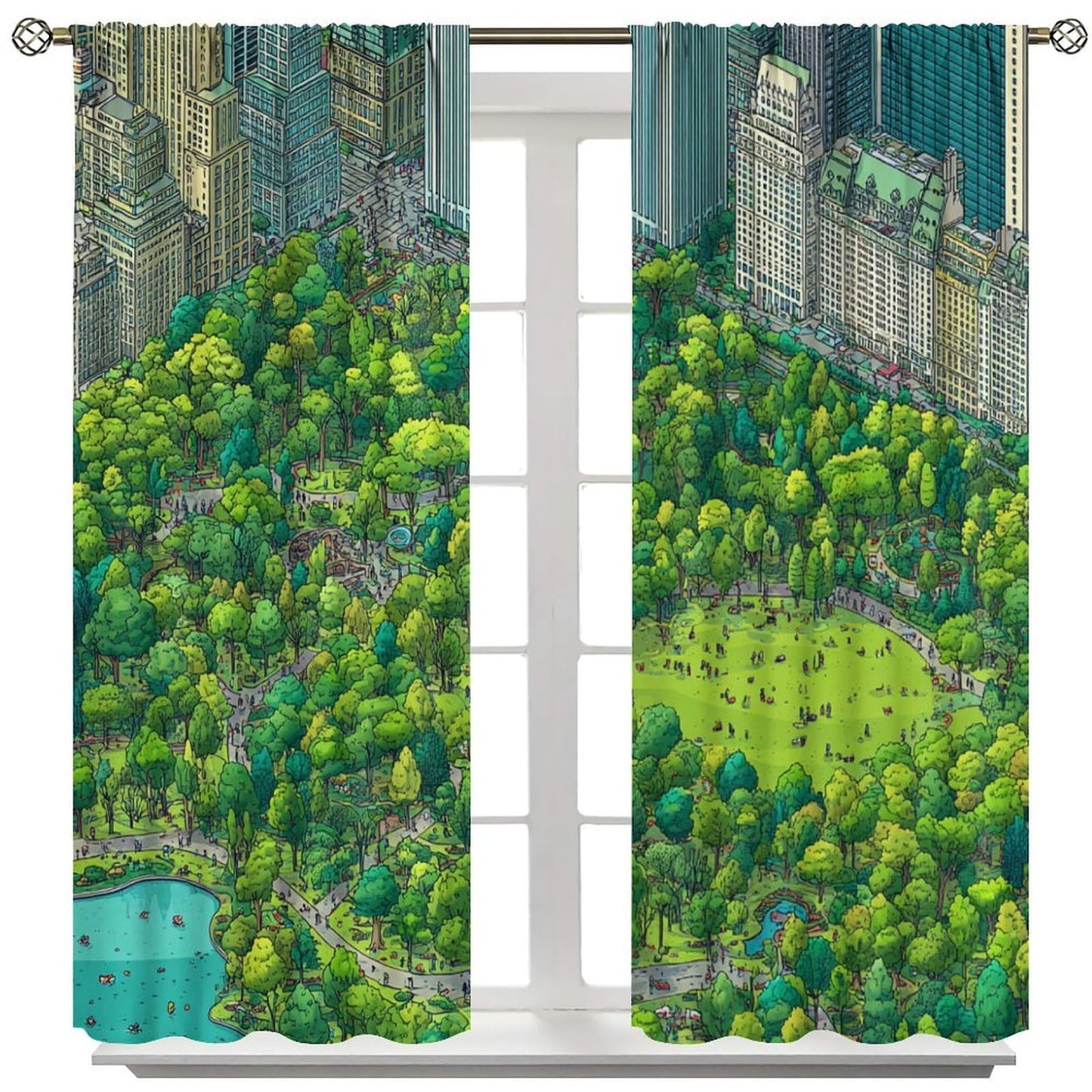 WDHTEXT Nature City Building Tree Blackout Curtains, Thermal Insulated Green River Rod Pocket Window Drapes for Living Room Bedroom Decor, 2 Panels, Each 21W x 45L