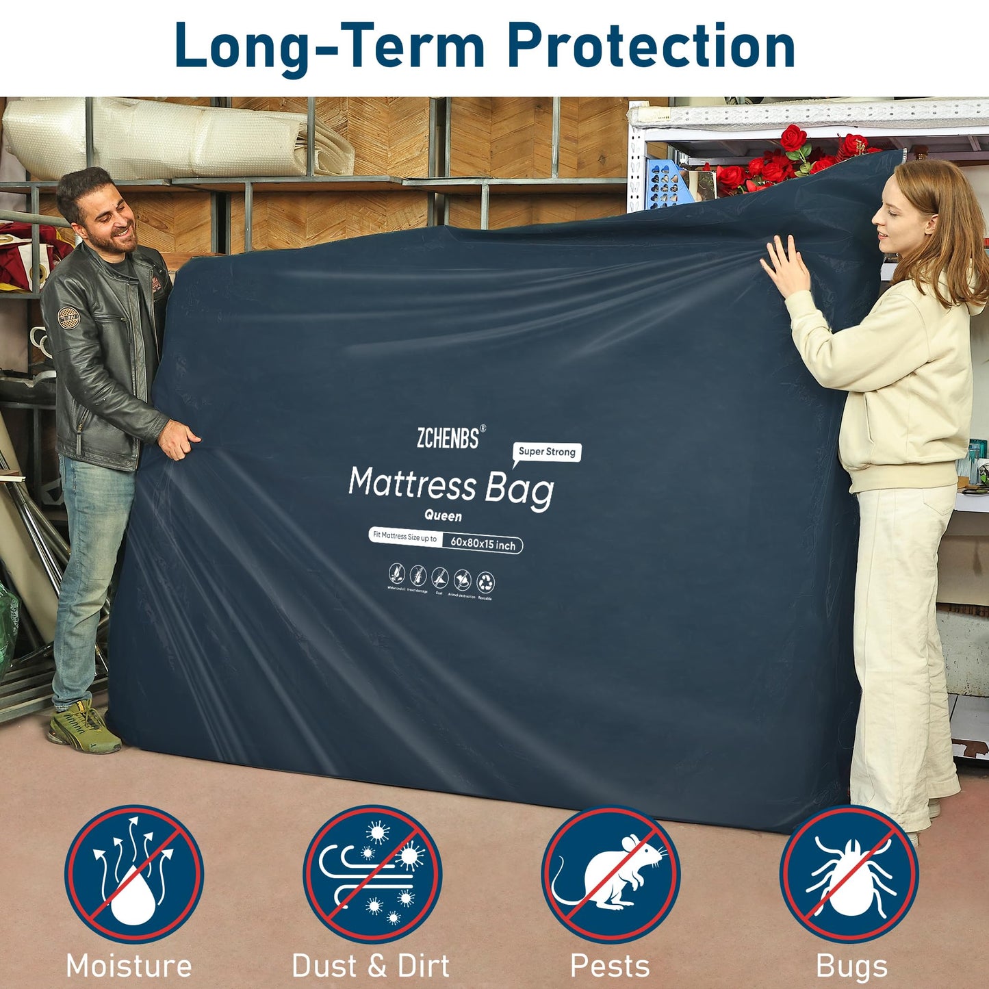 ZCHENBS® - Queen Mattress Bags for Moving, Waterproof Mattress Storage Bag with Zipper, Heavy-Duty 5 Mil Ultra-Thick Bed Protector Cover for Moving, Reusable (Solid/Black, 1 Pack)