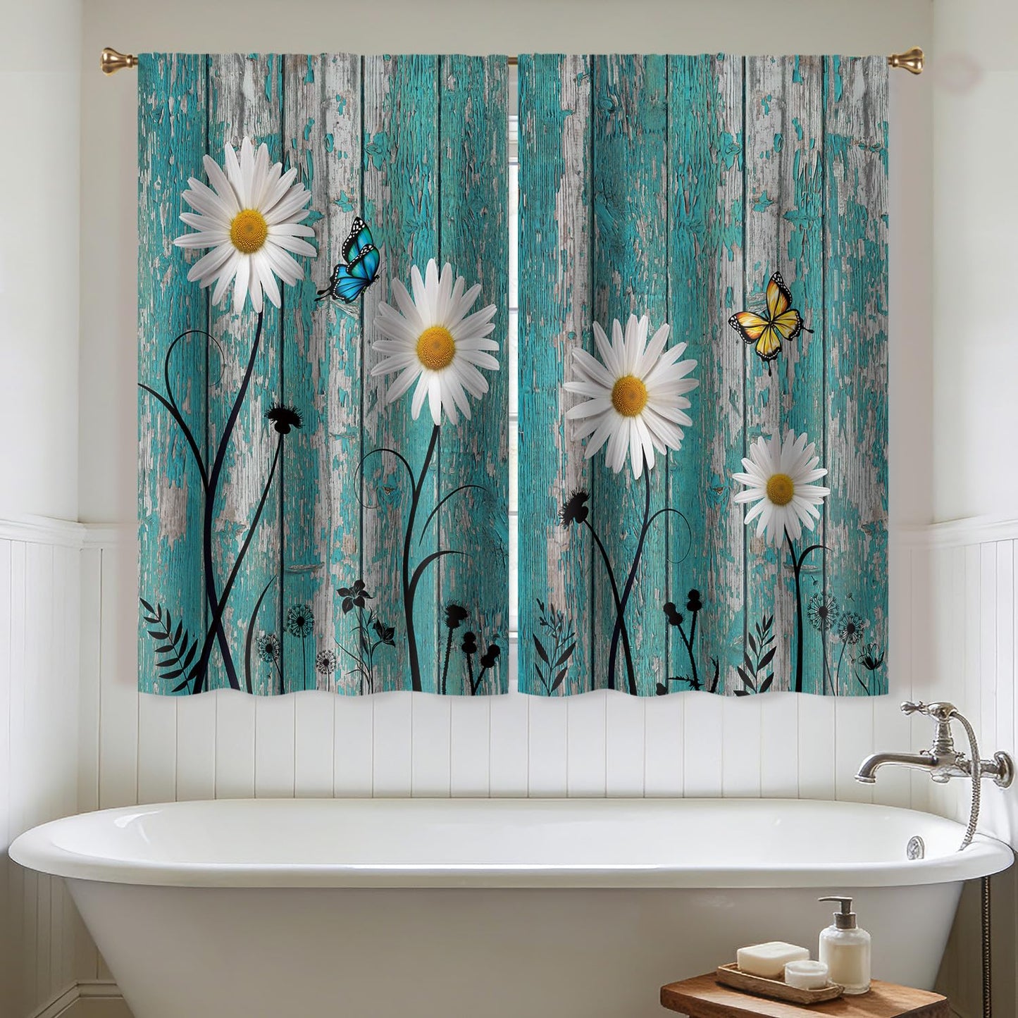 Cizuug Farmhouse Teal Daisy Kitchen Curtains Rustic Wooden Country Small Short Cafe Window Curtains Vintage Flower Floral Rod Pocket Bathroom Drapes Treatment Tier Curtains 2 Panels(27.5x39 Inch)