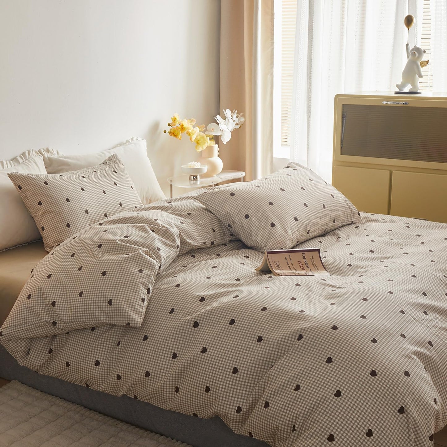 AMZTOP King Duvet Cover Set - Brown Plaid Gingham Comforter Cover with Zipper Closure - 3 Pieces, Includes 1 Duvet Cover& 2 Pillowcases, 100% Cotton King Size Bedding Sets for Teen Girls