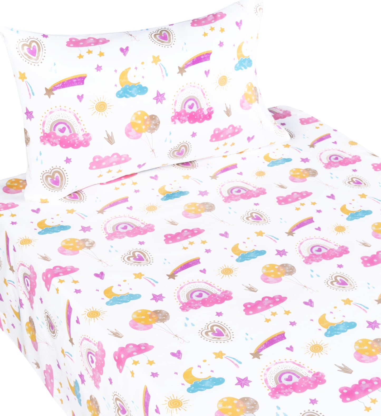 Scientific Sleep Pink Cloud Heart Rainbow Balloon Moon Star Cute Fun 100% Cotton Cozy Twin Bed Sheet Set, Flat Sheet & Fitted Sheet & Pillowcase Natural Bedding Set