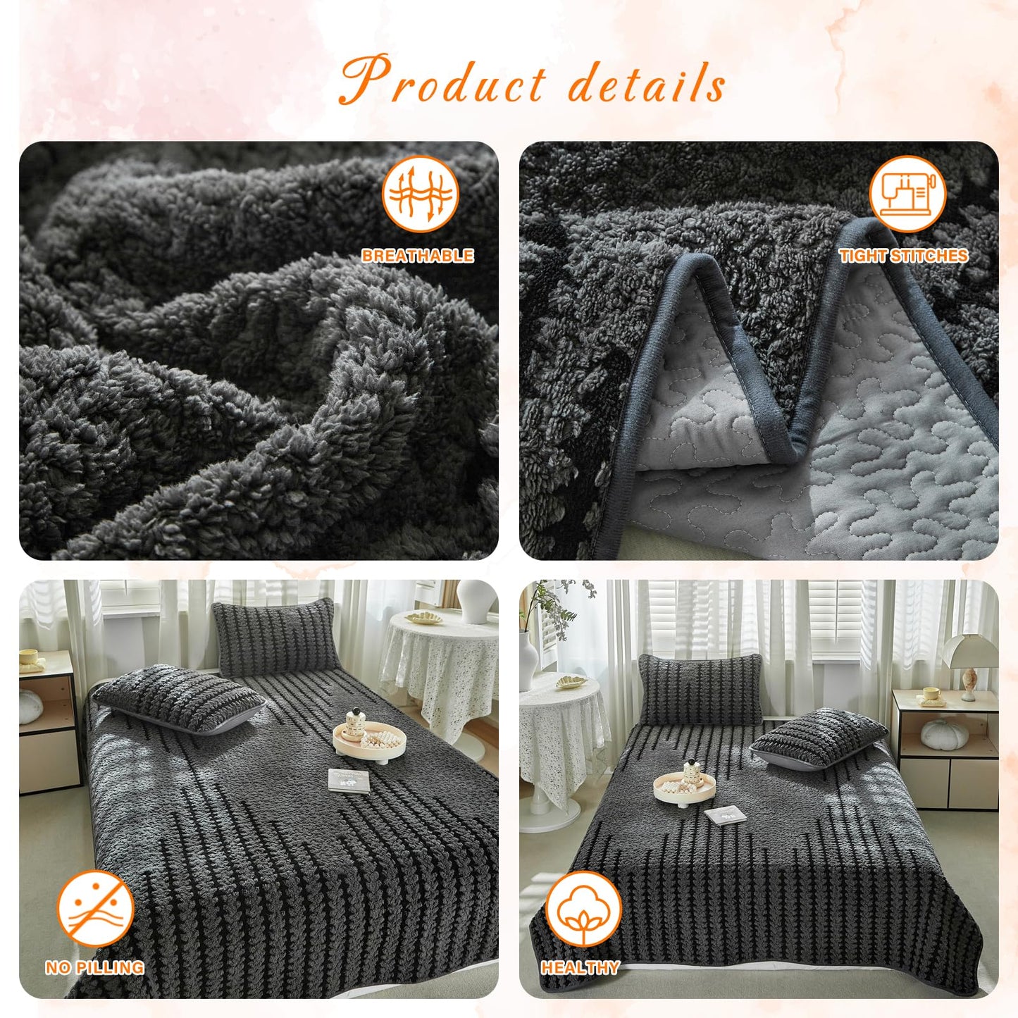 Tititada 2 Pieces Luxury Velvet Boho Quilt Sets Twin Size, Lightweight Decorative Bohemian Bedspread Set for All Season, Soft Coverlet with 1 Sham, Dark Grey