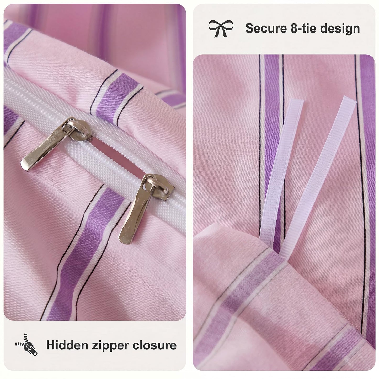 Merryword Pink Ruched Duvet Cover Set Queen Size 100% Cotton Bedding Set Pink and Purple Striped Aesthetic Duvet Cover with Zipper Closure and 8 Corner Ties