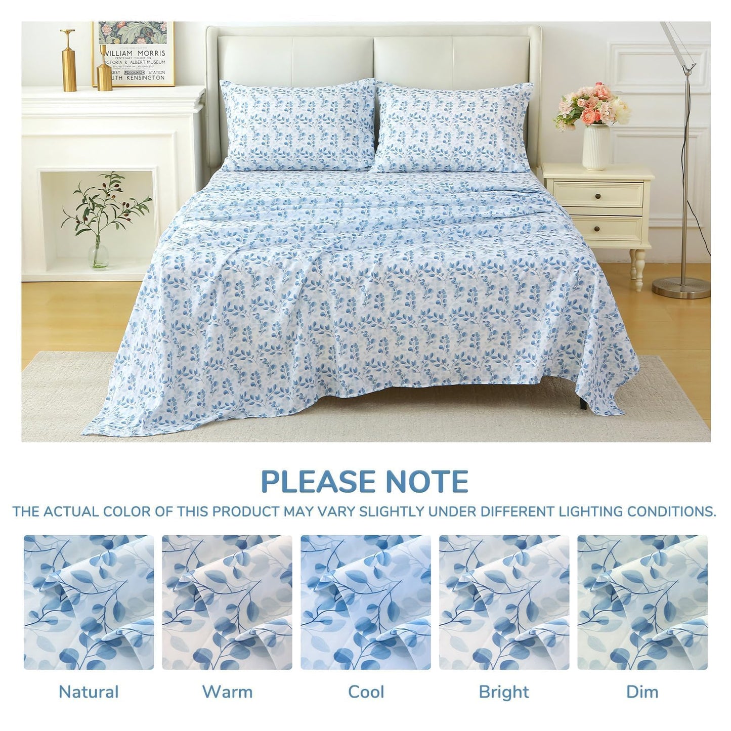 MUXHOMO King Size 4 Piece Sheet Set, Soft Breathable Bed Sheet Set for Bedroom with Deep Pocket Up to 16", Wrinkle-Free & Cooling Bedding for Oeko-TEX Certified - Blue Leaves