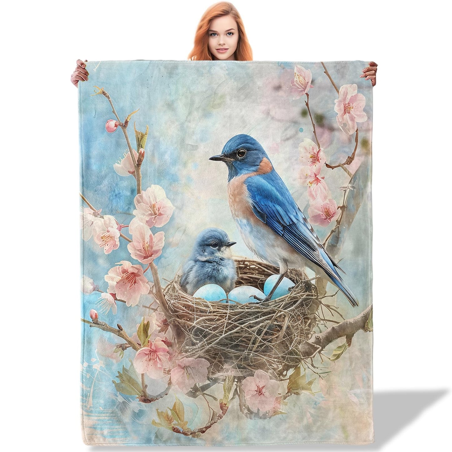 Plistiz Bluebird Nest Throw Blanket for Women Girls Boys, Soft Flannel Blankets Gifts for Living Room Couch, Home, Sofa Decor, 50"x60"