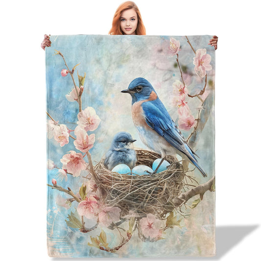Plistiz Bluebird Nest Throw Blanket for Women Girls Boys, Soft Flannel Blankets Gifts for Living Room Couch, Home, Sofa Decor, 50"x60"