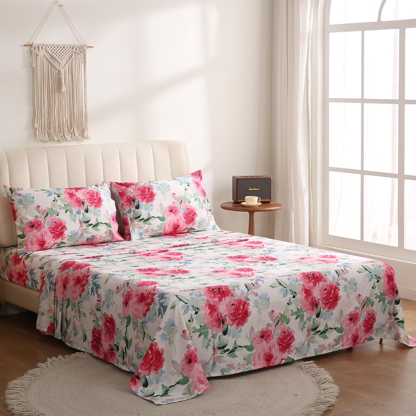JSD Watercolor Rose Floral Sheet Set Full Size, 4 Piece Soft Printed Microfiber Sheets Extra Deep Pocket