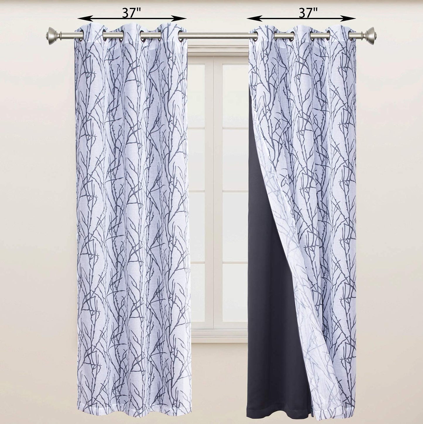 BONZER Mix and Match Curtains - 2 Pieces Branch Print Sheer Curtains and 2 Pieces Blackout Curtains for Bedroom Living Room Grommet Window Drapes, 37x95 Inch/Panel, Grey Dark, Set of 4 Panels