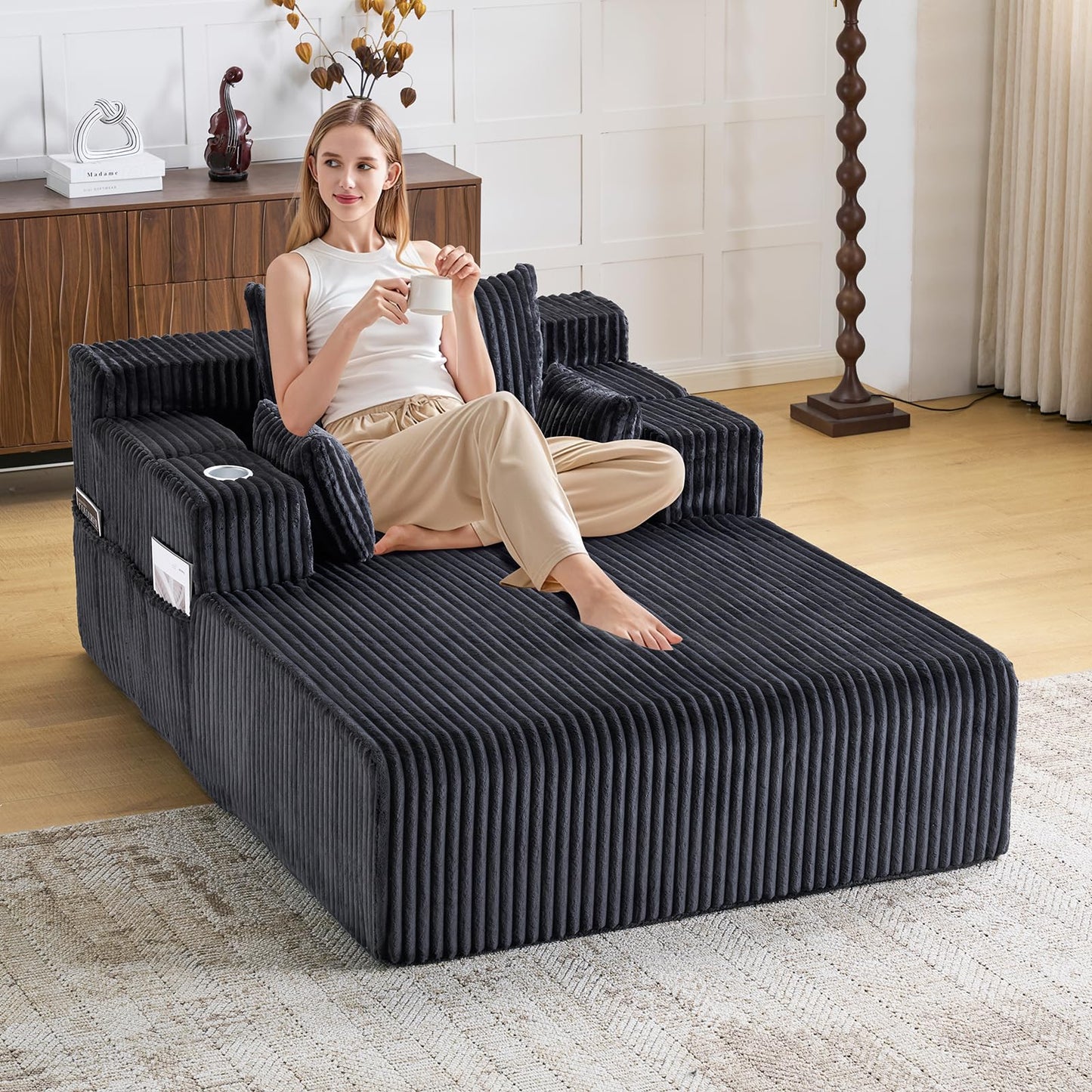 Furnimart 66" Oversized Chaise Lounge Indoor, Upholstered Sofa Bed with 1 Cup Holders & 4 Side Pockets, No Assembly Required Corduroy Reading Chair, Small Couches for Small Spaces, Grey