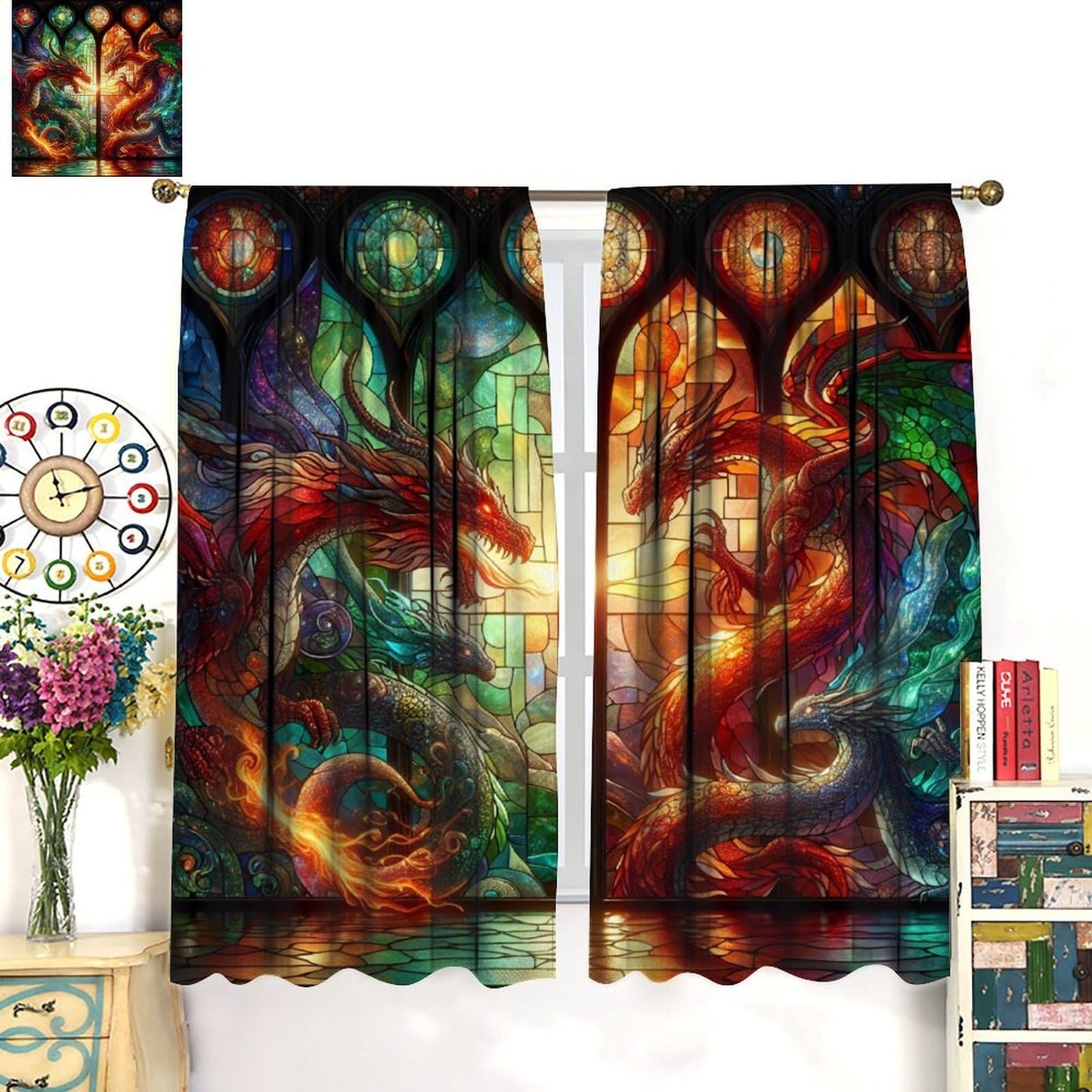 FengMingRui Western Dragon Kids Window Curtains, Stained Glass Green Red Dragon Natural Window Treatments for Boys Girls Bedroom Game Room Window Drapes 42" W X 45" L