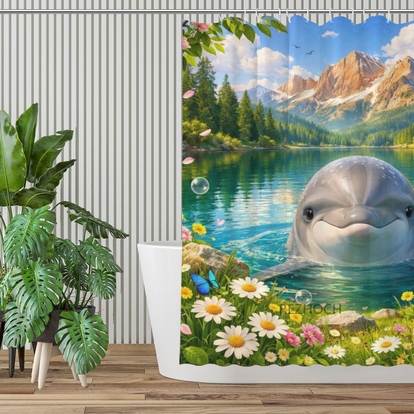 REZHOCH Funny Dolphin Alpine Lake Landscape Shower Curtain 72x72Inch Cute Animal Bathroom Decor Summer Wildflower Waterproof Fabric Nature Wildlife Scenic Bath Set with Hooks
