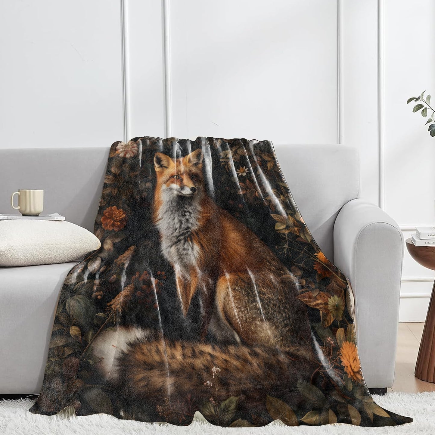 jwyta Rustic Fox Flannel Blanket,Realistic Woodland Animal Throw with Autumn Floral Background,Lightweight Fleece Blankets for Nature Lover,Couch,Cabin,Bed,Camping Fall Decor Gifts,60x50in