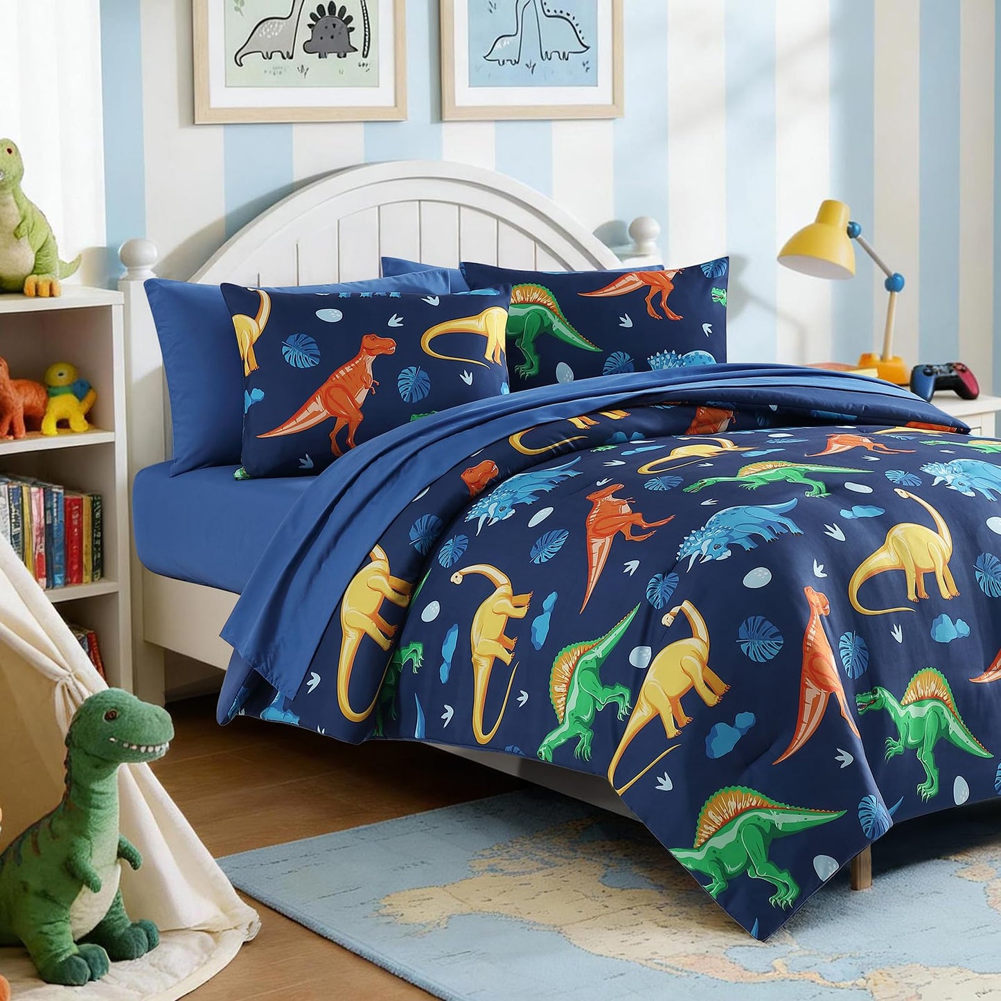 Kaleido Space Twin Comforter Set for Boys Kids - 5 Pieces Navy Dinasour Patterns Twin Bedding Sets for Boys Teen, Soft Cozy Bed in A Bag with Sheets
