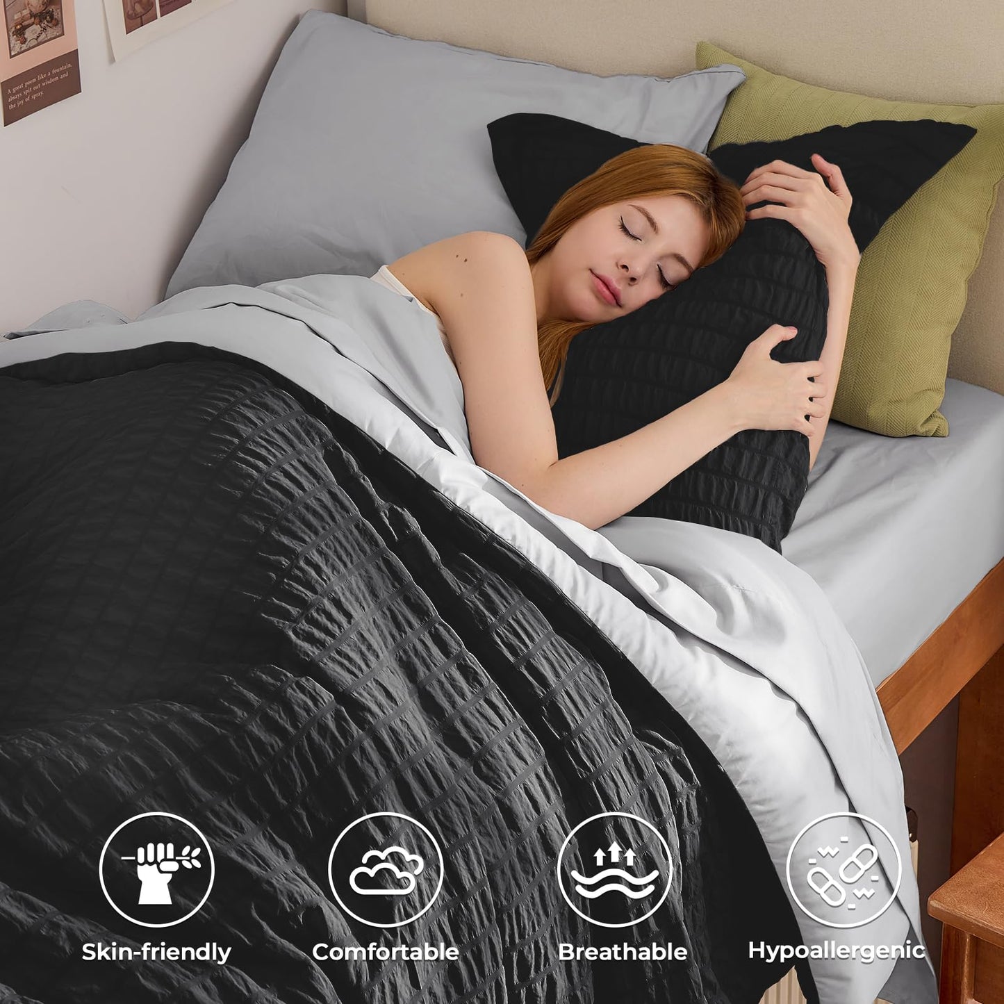 HYMOKEGE Black/Light Grey Twin Comforter Set Seersucker 5 Pieces, All Season Luxury Bed in a Bag for Bedroom, Bedding Set with Comforter, Sheets, Pillowcase & Sham