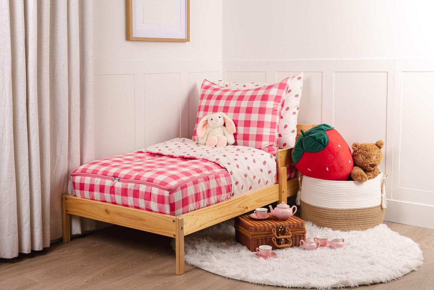 Beddy's Gingham & Strawberries Durable Zipper Bedding for Kids - Bed in a Bag - Dark Pink Gingham Comforter with Strawbery Sheets - Includes Pillowcase & Sham - Easy to Make & Wash - Twin