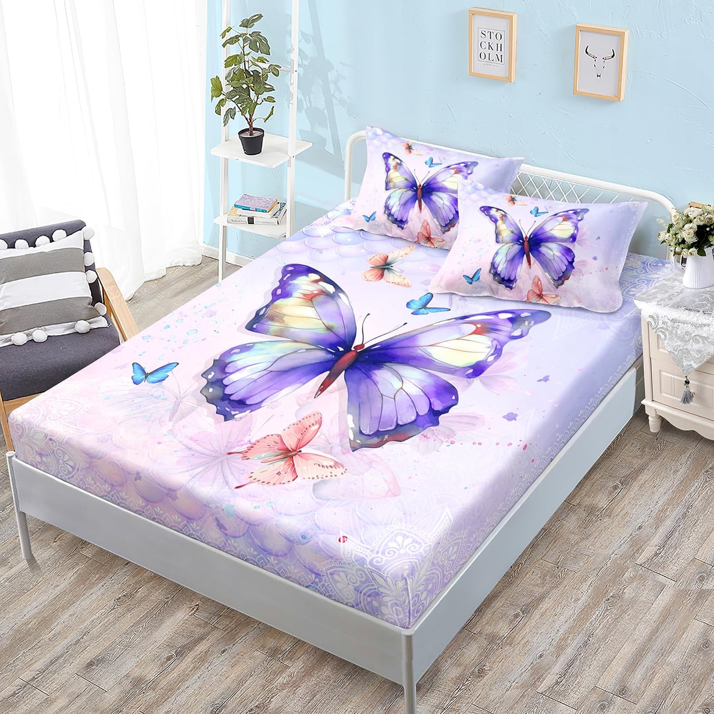 HOSIMA Butterfly Twin Fitted Sheet with 2 Pillowcases, Mandala Twin Bedding Sets for Girls Boys Women Room Decor, Purple Butterfly Bed Sheet with 15-Inch Deep Pockets