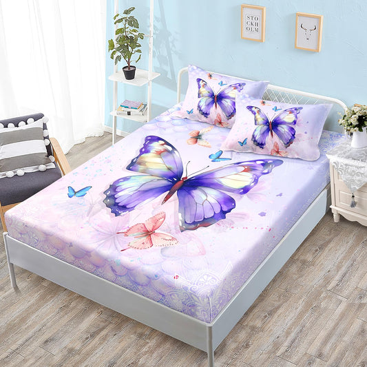 HOSIMA Butterfly Twin Fitted Sheet with 2 Pillowcases, Mandala Twin Bedding Sets for Girls Boys Women Room Decor, Purple Butterfly Bed Sheet with 15-Inch Deep Pockets