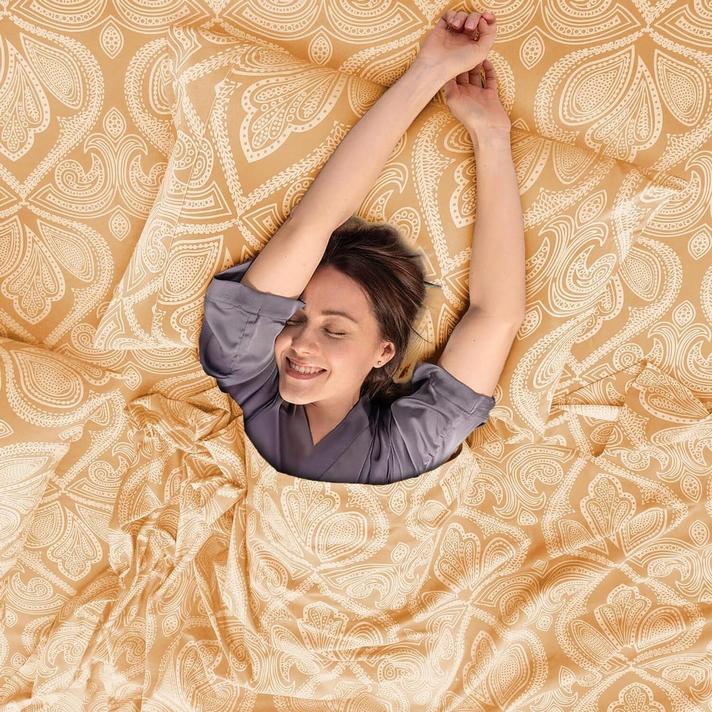 Ultra Soft Wrinkle-Free Microfiber Paisley Twin XL Sheet Set, Cute Floral Pattern Boho Print – 16" Deep Pocket Fitted Sheet, Flat Sheet & 2 Pillowcases, Breathable, OEKO-TEX - Taupe