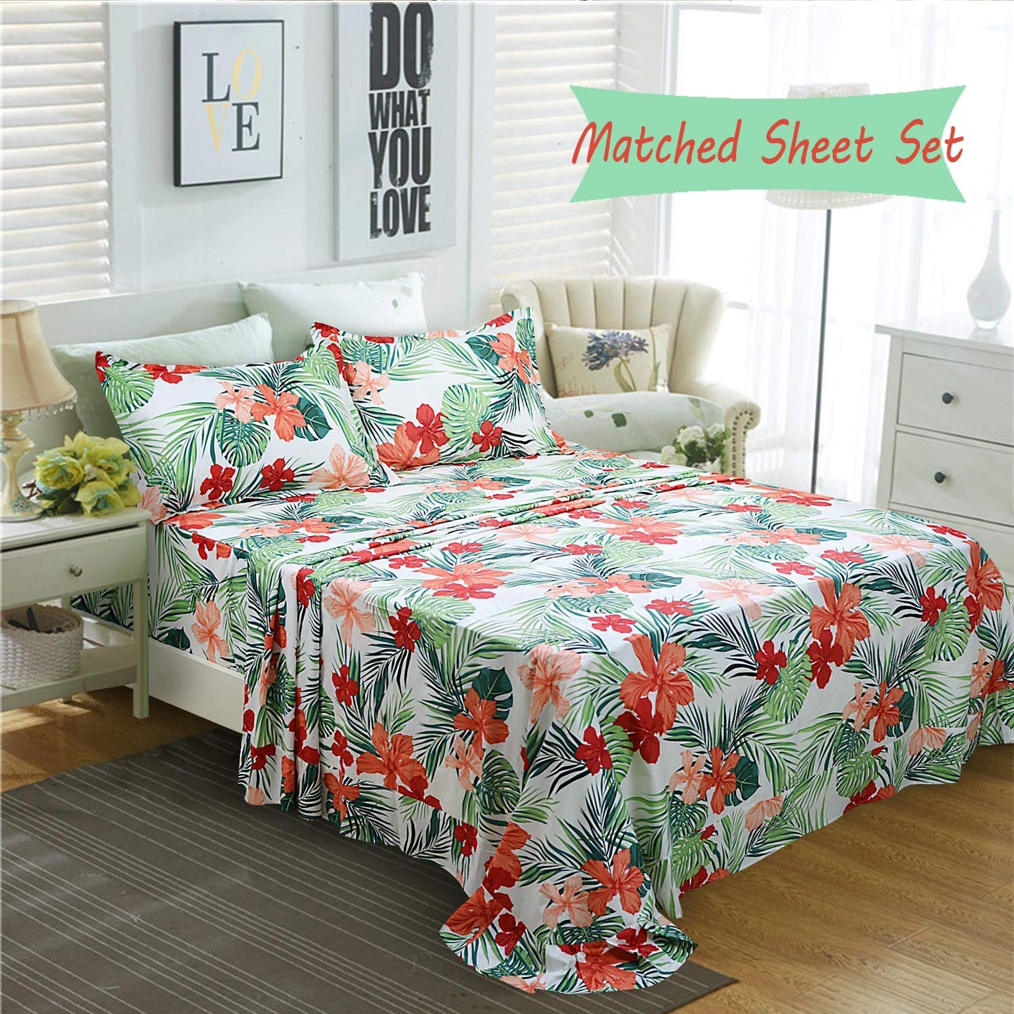FADFAY Green Duvet Cover 100% Cotton Tropical Bedding Red Hibiscus Flower & Forest Green Palm Leaves Plants Watercolor Printed Zipper Closure Soft Breathable Girls Floral Bedding Set 3 Pcs, Full