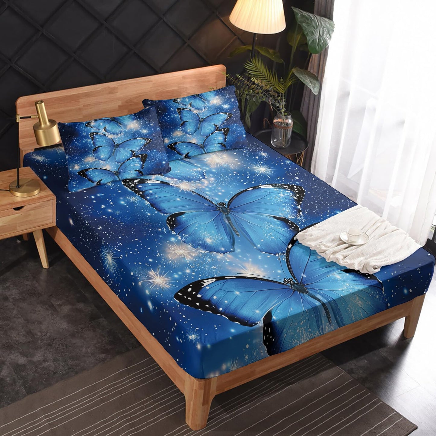 Rejkxyw King Size Sheets Set Blue Butterfly - Fantasy Butterflies Bed Sheets - Galaxy Sheet Set - 12 Inch Deep Pocket - Ultra Soft Winkle Free Microfiber Bedding Sheets & Pillowcases 4 Piece