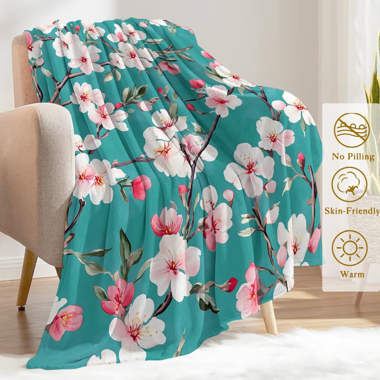 ainori Cherry Blossom Branches Flannel Blanket - Lightweight Soft Cozy Unique Gifts Blankets for Floral Lovers,Kids,Adult,Women, Elegant Teal Background Art Throw,Home Room Modern Decor 50x60in