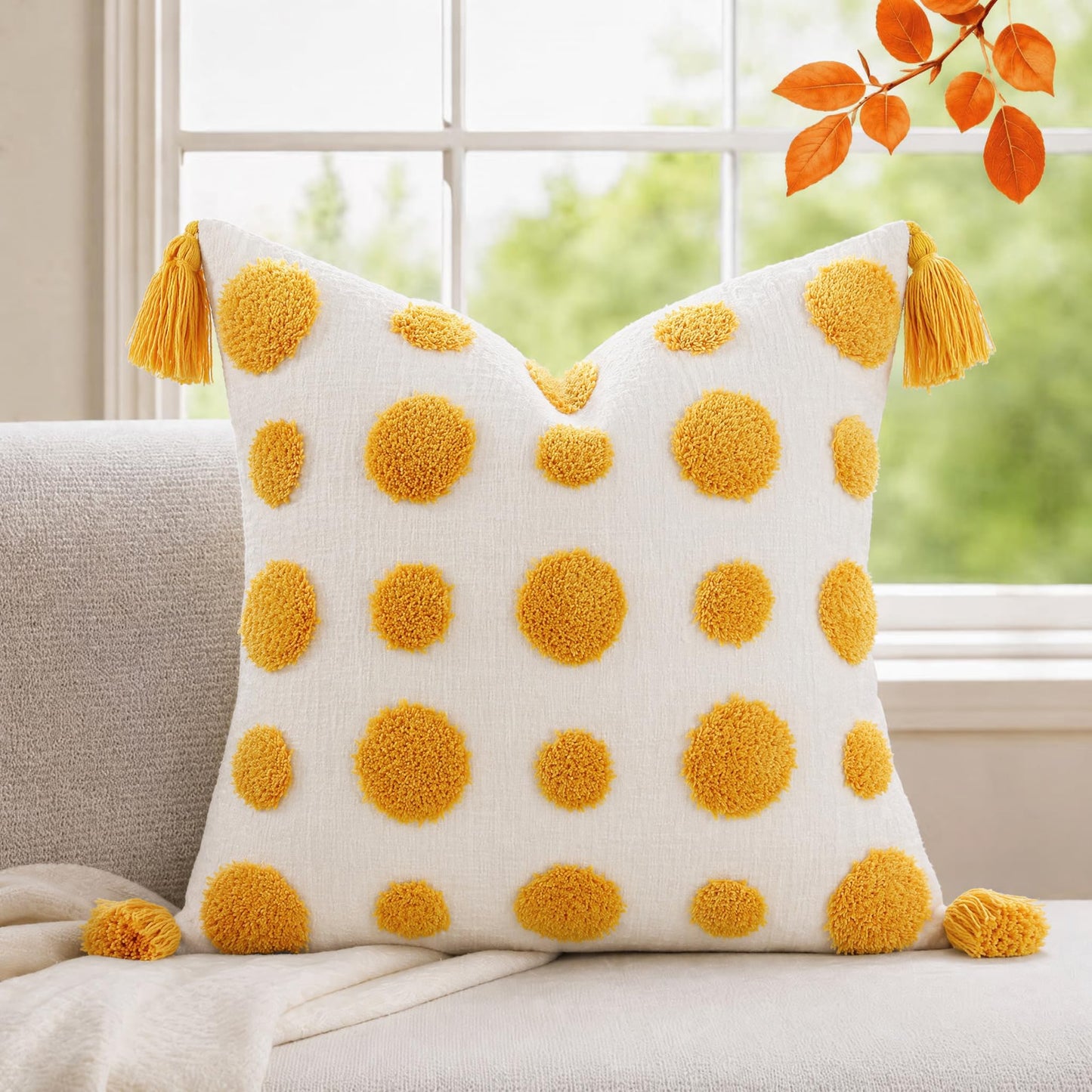 PANOD Super Soft Farmhouse Decorative Plush Throw Pillow Covers 16 x 16 Yellow,Solid Pom pom Tufted with Tassels Modern Accent Boho Square Cushion Cover Pillow Case for Couch Sofa
