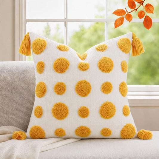 PANOD Super Soft Farmhouse Decorative Plush Throw Pillow Covers 16 x 16 Yellow,Solid Pom pom Tufted with Tassels Modern Accent Boho Square Cushion Cover Pillow Case for Couch Sofa