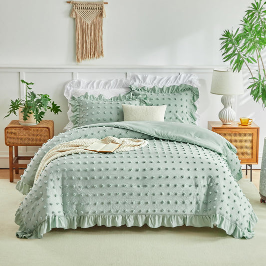 Flysheep Tufted Dots Ruffle Comforter Set Twin Size, 3 Pieces Green Vintage Farmhouse Shabby Chic Comforters, Jacquard Boho Bohemian Bedding Set for Kids (1 Ruffled Comforter+ 2 Pillow Shams)