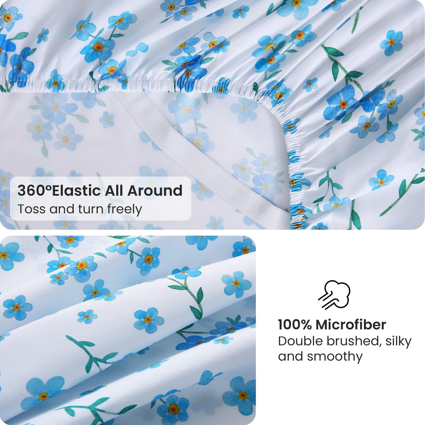 Viviland Floral Queen Sheet Set - 4 Piece Country Fresh Blue Flower Patterned Bed Sheets - Soft, Breathable Microfiber Sheets with Deep Pocket, Non-Slip Fitted Sheets & Pillowcases