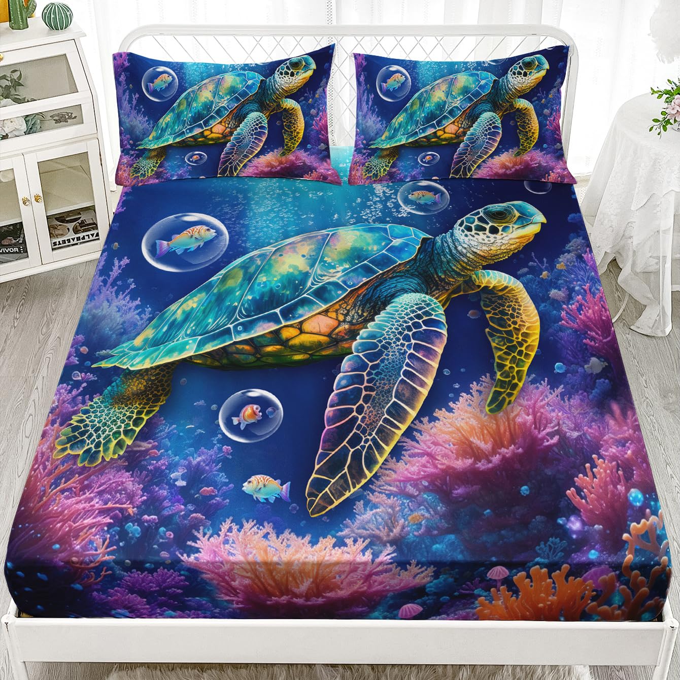 HOSIMA Sea Animal Bedding Set Turtle Fitted Sheet,Ocean Beach Theme Bedding Clownfish Coral Bed in A Bag Full Size for Adults Kids Coastal Granddaughter Bedding Full Sheets Deep Pocket.