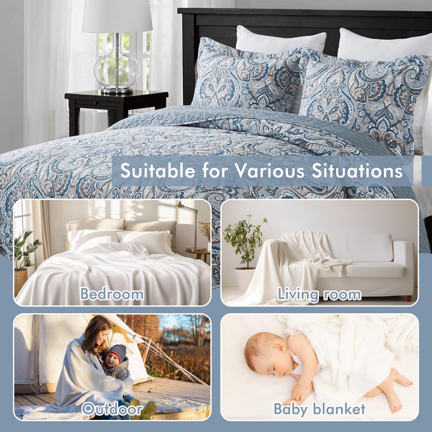 Etwel Lightweight Cotton Queen Size Quilt Set - Breathable Reversible Bedspread for Hot Sleepers, Farmhouse Floral Bedding Set with 2 Pillow Shams for All Season (90"x98", Crown Blue-Gray)