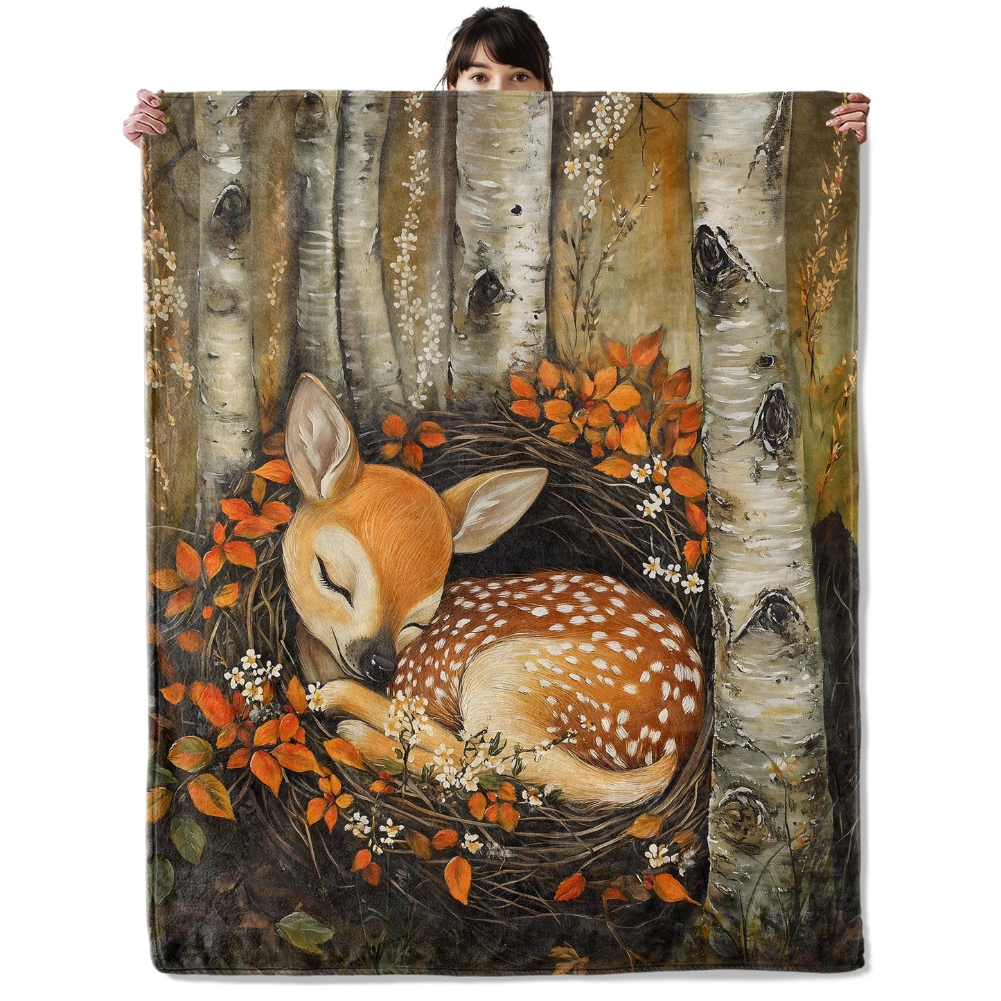onlcuk Autumn Deer Blanket, Cozy Flannel Fall Leaf and Wildflower Blankets, All Season Soft Throw for Travel Home Decor, Lightweight Sofa Bed Throws, Gifts for Women Girls Fawn Lovers, 50"×60"