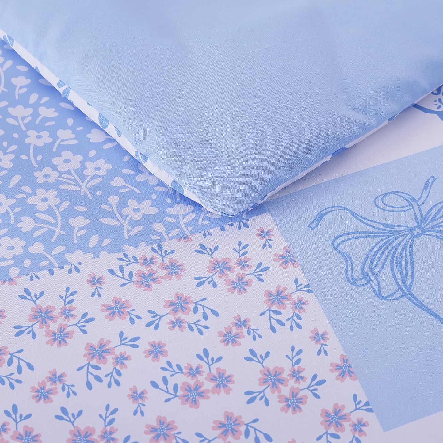 AMBERSPACE Twin XL Comforter Set for Girls, Cute Blue Bow Bedding 5 Pieces Kids Bed Set, All Season Dorm Bed in a Bag with Sheets, Pillowcase & Sham
