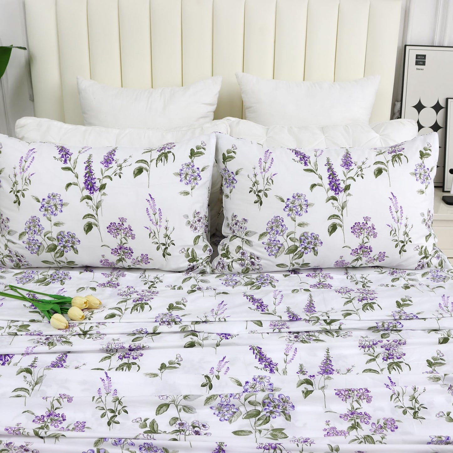 Helthep Floral Sheet Set King Size 100% Cotton Purple Floral Pattern Sheets Botanical Shabby Printed Bed Sheets Set Luxury Percale Warm 17.5" Deep Pocket Ultra Soft and Beathable, 4Pcs