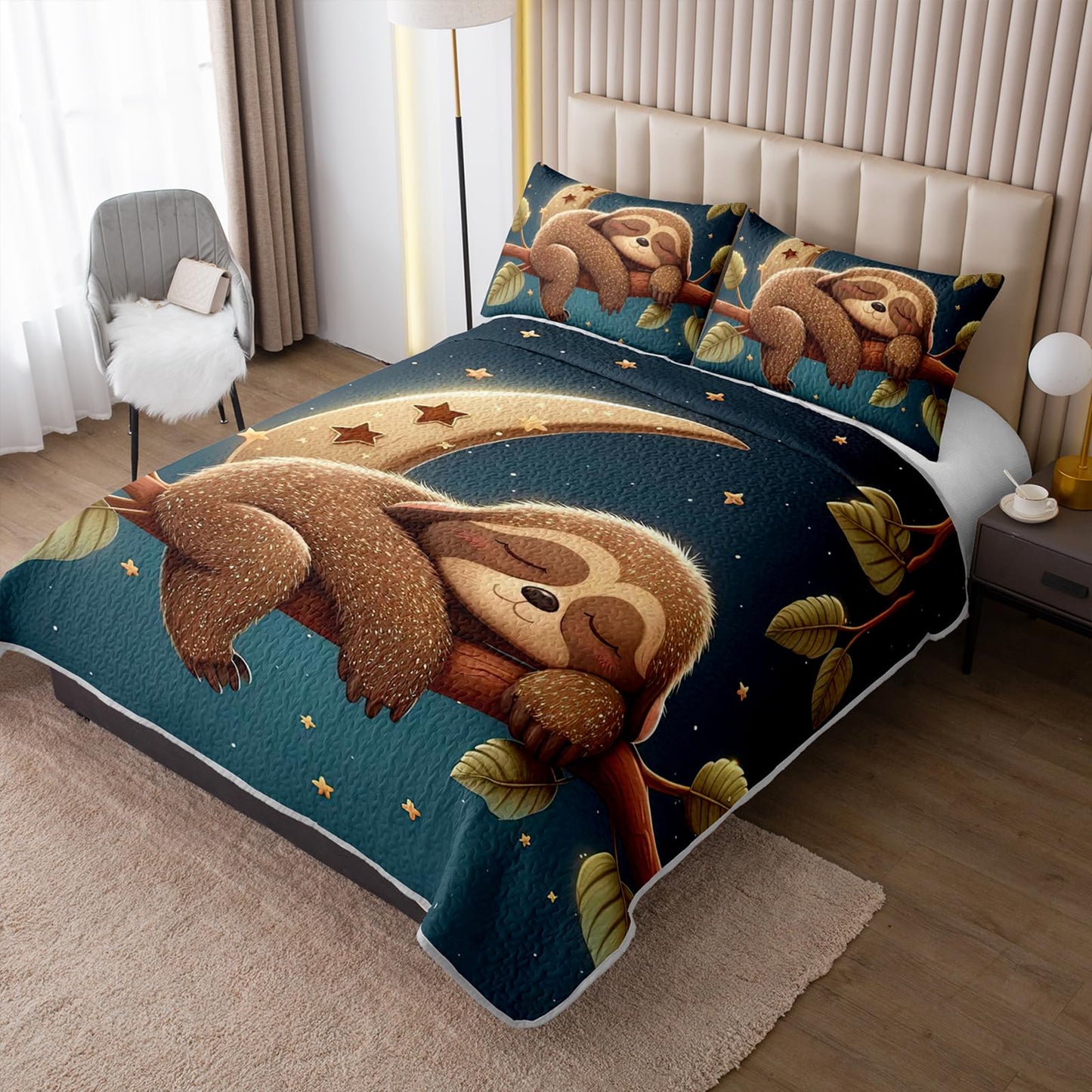 XYNHML Kawaii Brown Sloth Quilts Bedding Set Twin 3Pcs Galaxy Moon Universe Outer Space Star Quilt Bed Set Lightweight Soft Bedspread Coverlet with 2 Pillowcases for Kid Boy Girl Teen Adult Bed Decor