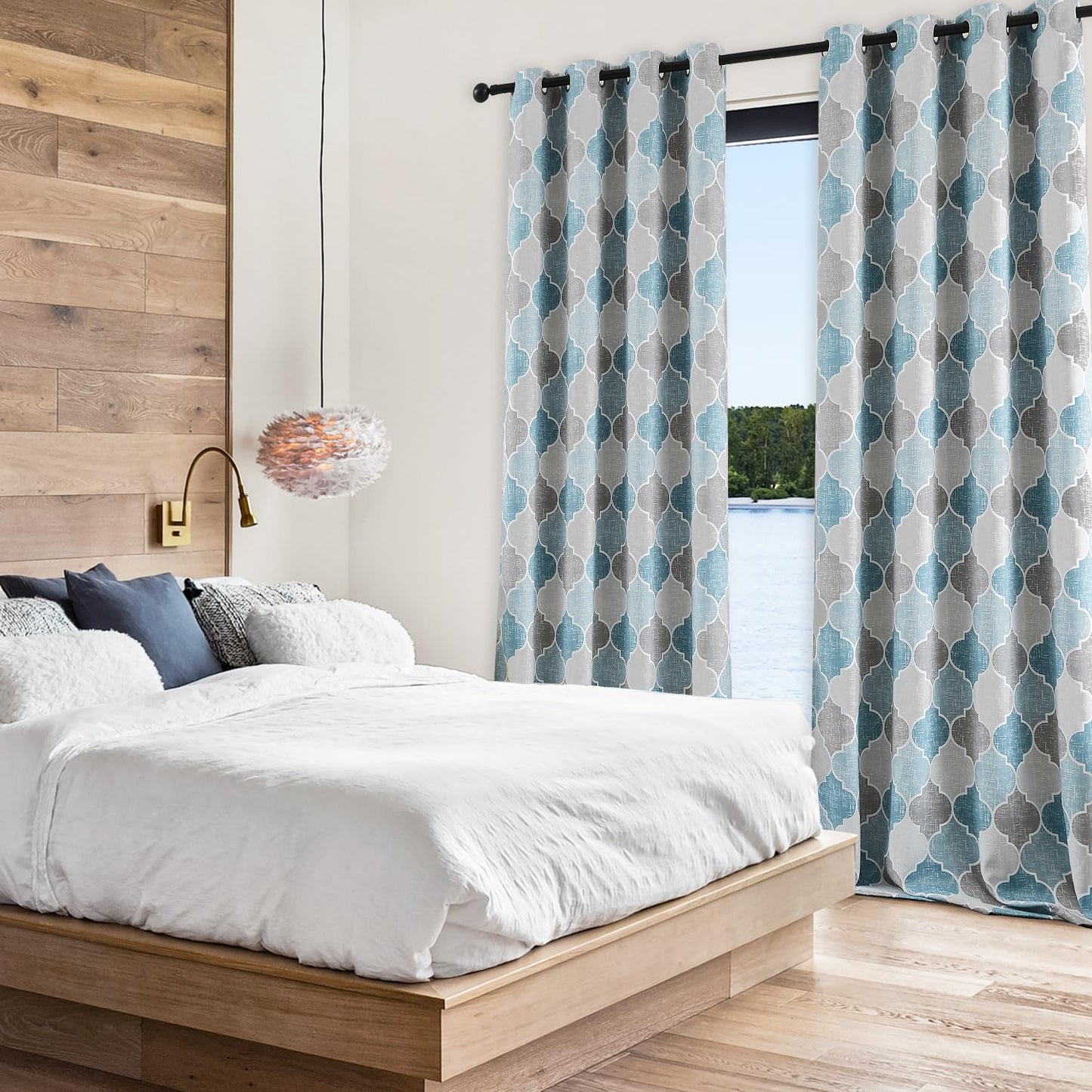 Ronaldecor Full Blackout Geometric Print Curtains 84 Inches Long 2 Panels Gray Blue Moroccan Drapes Room Darkening Thermal Insulated Grommet Top Window Treatments Set for Bedroom Living Room, 52" W