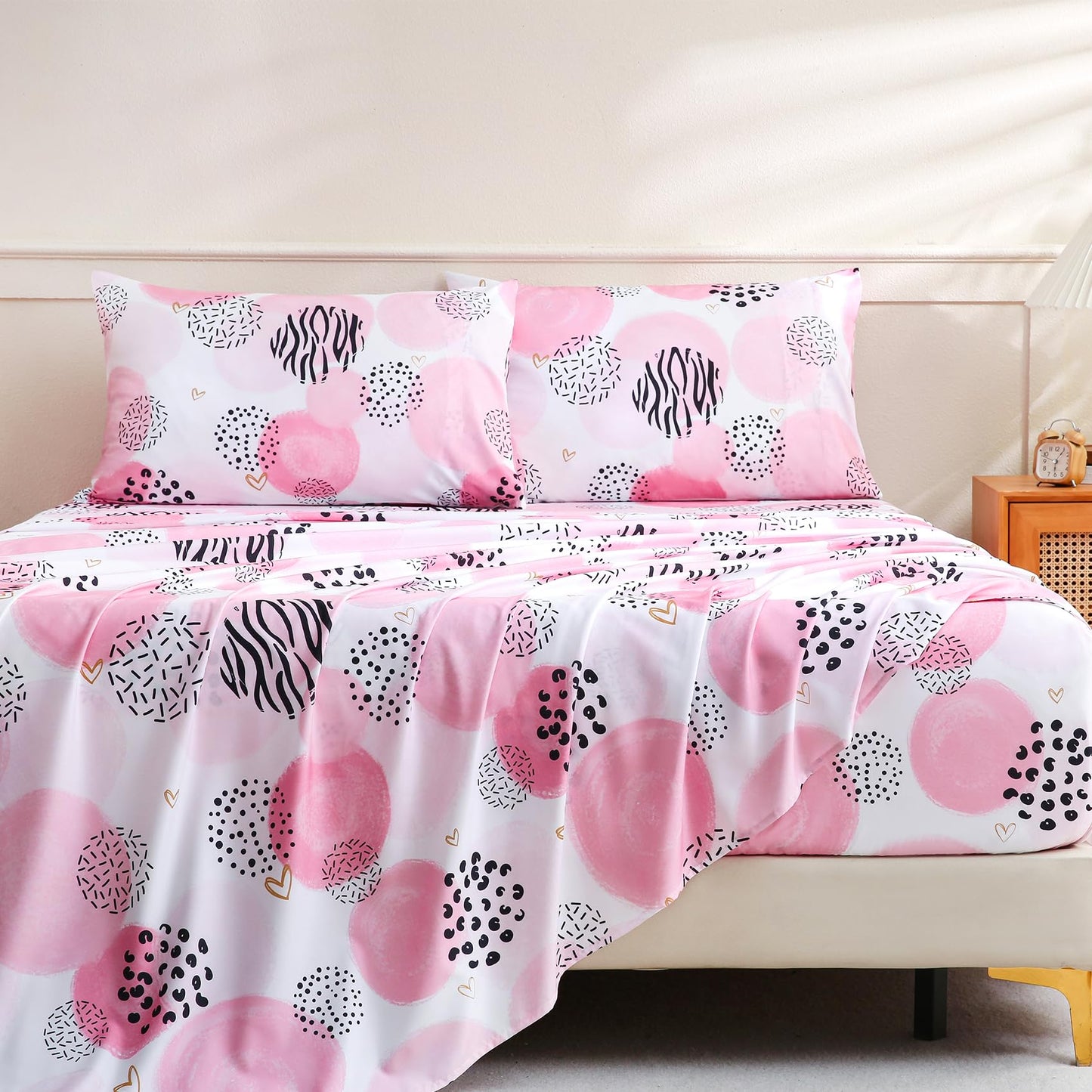 CIMVI Pink Sheet Set Queen Size 4 Pieces Girls Bedding Simple Dots Printed Sheets 15-inch Deep Pocket Fitted Sheets and Pillowcase Soft Breathable Microfiber Bed Sets for Woman Decor Bedroom