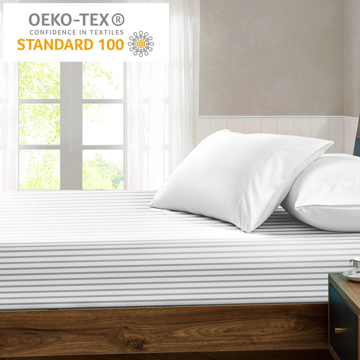 FreshCulture Queen Fitted Sheet - Hotel Quality, Ultra Soft & Breathable Brushed Microfiber, Deep Pocket, Cooling Fitted Sheets for Queen Size Bed (Stripe Grey)
