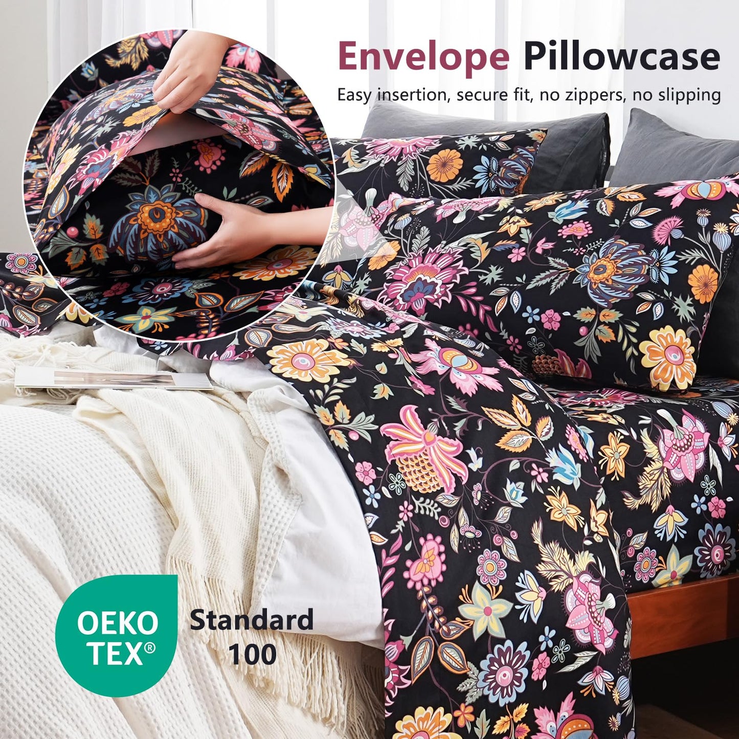 Bedlifes Queen Sheet Set Ultra Soft, Breathable, Silky Flower Deep Pocket 100% Microfiber Bedding, 4 Piece Queen Size with Floral,Black Yellow Flowers