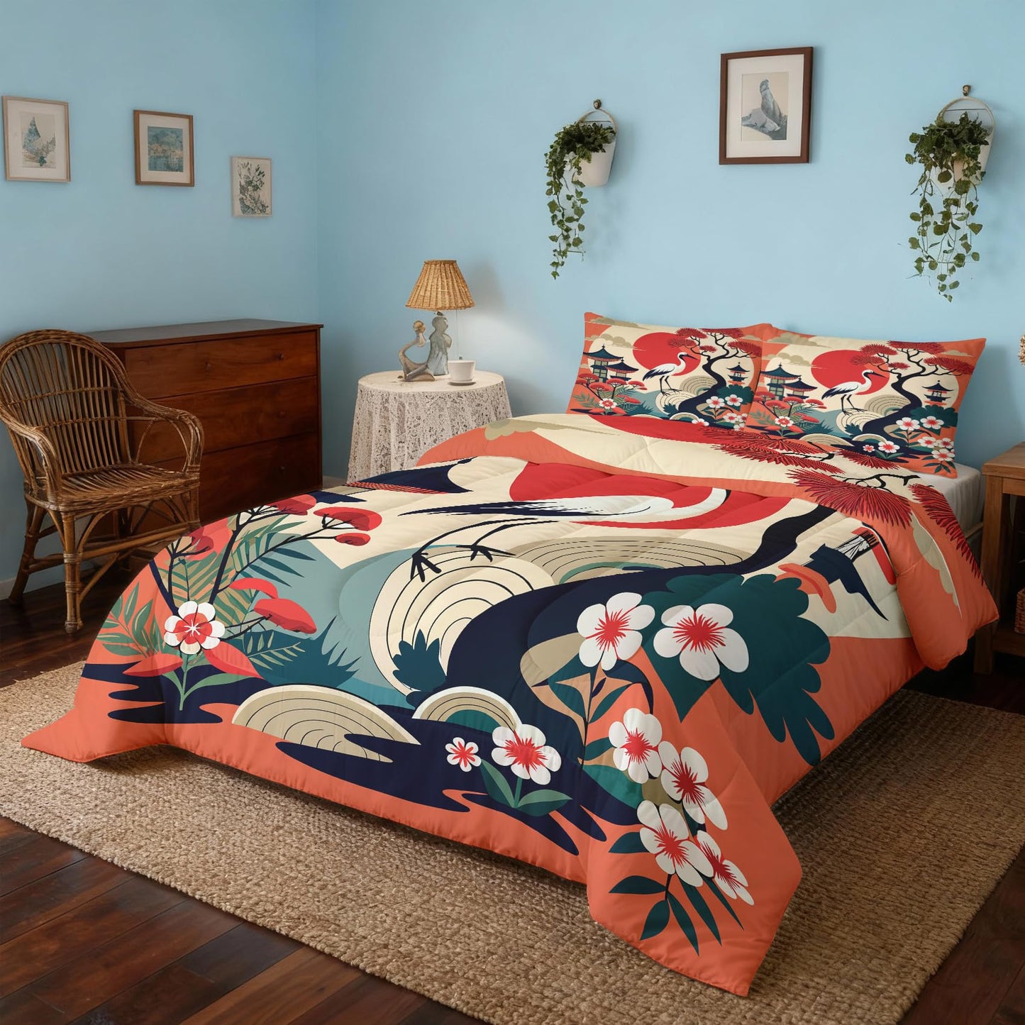 ZDABAOEC Japanese Twin Comforter Set 2 Piece, 1 Pillow Sham, Oriental Asian Chinese Style Reversible Down Alternative All Season Bedding, Soft Microfiber, Japanese Bedroom Decor